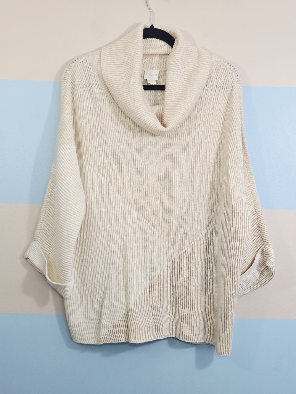 Chico's Cream Ribbed Cowl Neck Sweater - Picture 2 of 8
